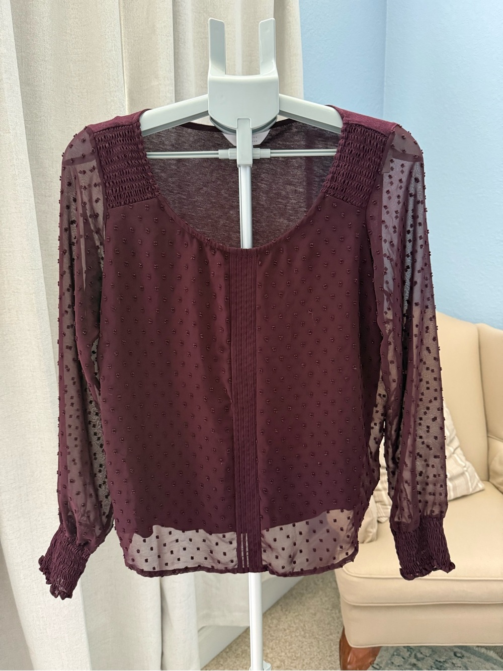 LC Lauren Conrad Burgundy Sheer Swiss Dot Blouse Size S